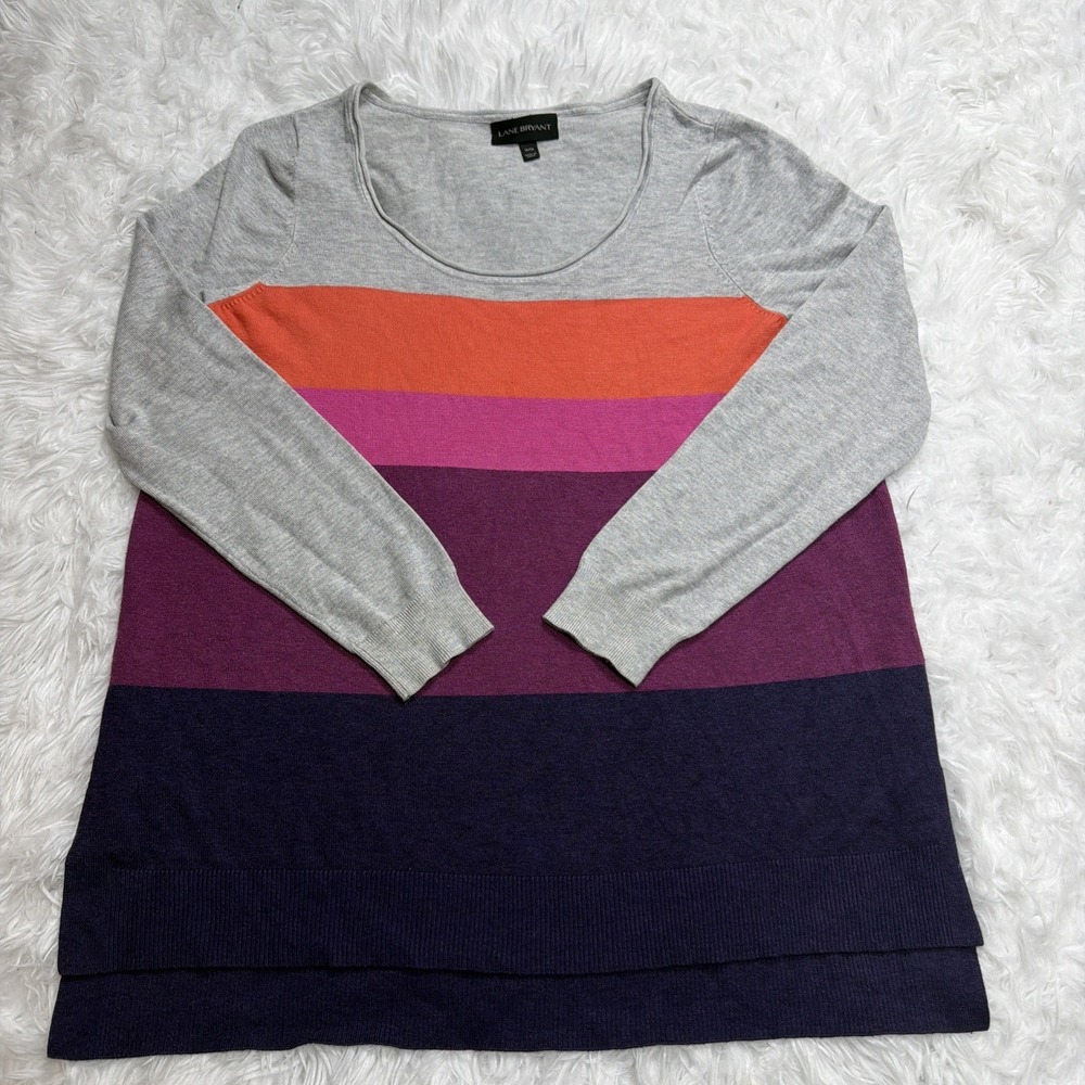 Lane Bryant‎ Women's 14/16 Sweater Colorful Striped Scoop Neck Tight Knit Gray